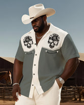 Big & Tall Men's Western Style Color Matching Casual Skull Print-short Sleeve Shirt Pants Suit